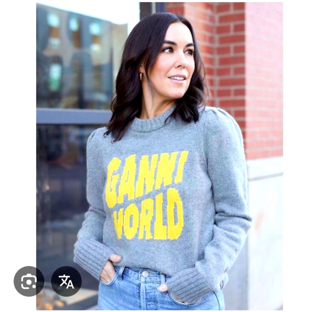Ganni World Gray Sweater with Yellow Accents